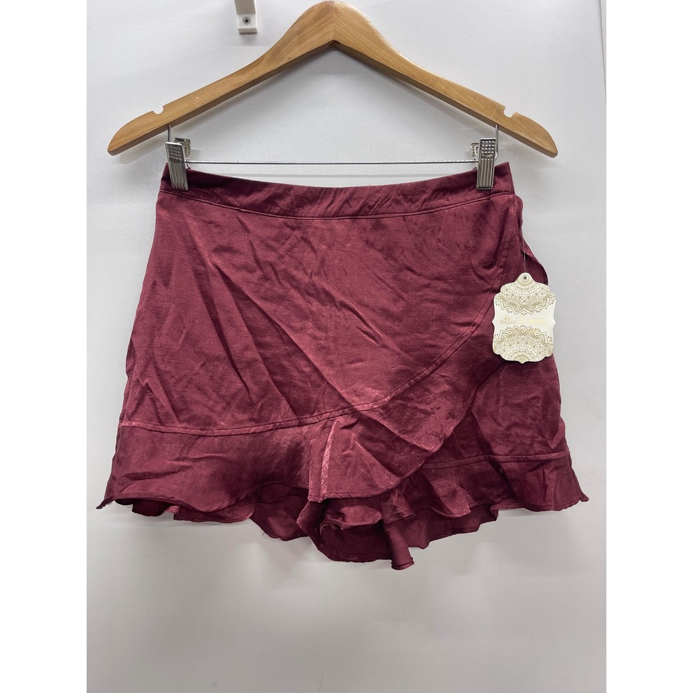 Altar'd State Burgundy Satin Ruffle Wrap Skort Medium NWT Burgundy Wine Red